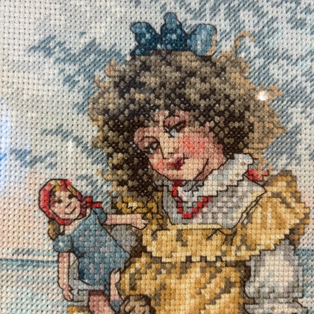Handmaid Seaside Framed 21x14”Cross Stitch Girl w/ Dolls Beach Scene Vintage